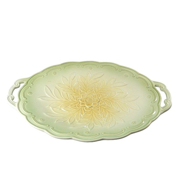 Serving Tray Ceramic Double Handles Embossed Raised Floral Pattern 12.5" - Picture 1 of 11
